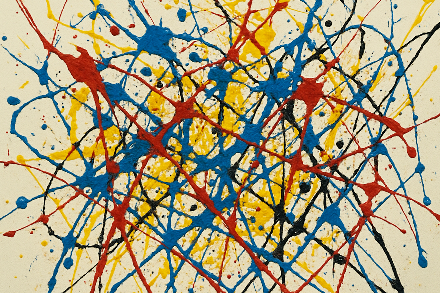 action painting with blue, red, yellow and black paint on canvas